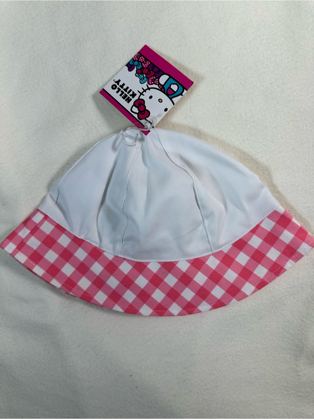 NWT Hello Kitty Kids’ White Bucket Hat Pink Gingham Trim - Picture 3 of 5